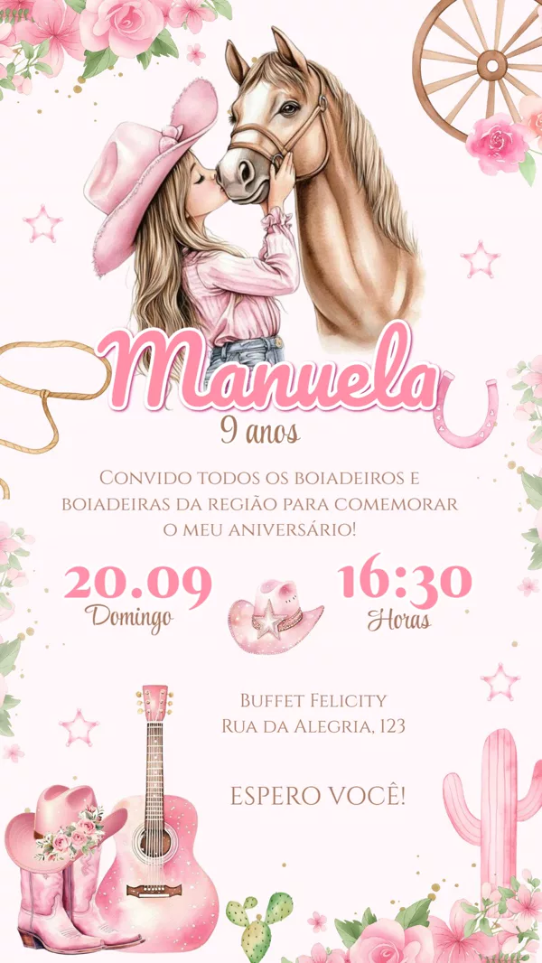 Convite Aniversário Boiadeira Rosa Cavalo Para Editar Online
