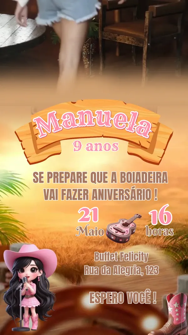 Convite Animado Aniversário Boiadeira Country Rosa Para Editar Online
