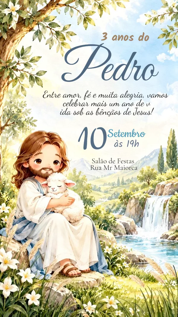 Convite Animado Aniversário Jesus com Cordeiro Para Editar Online