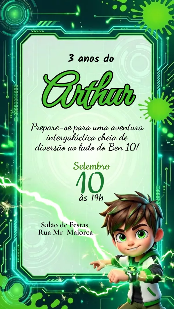 Convite Animado Aniversário Ben 10 Neon Verde Para Editar Online
