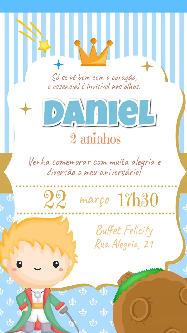Convite Aniversário Pequeno Príncipe Azul Para Editar Online