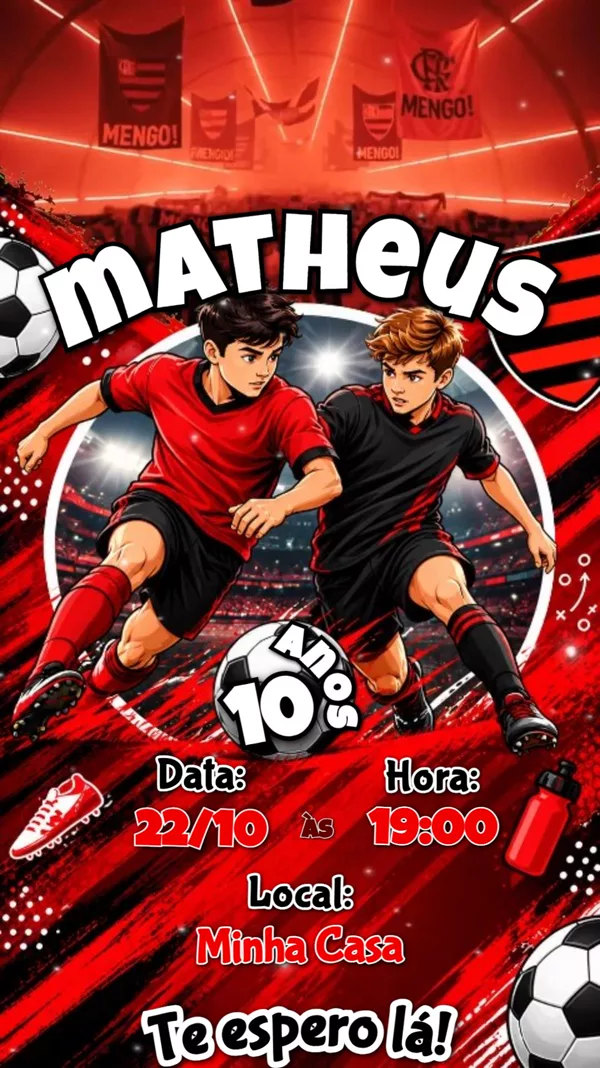 Convite Animado Aniversário Futebol Vermelho Para Editar Online