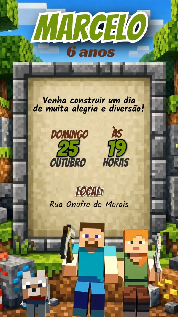 Convite Animado Aniversário Minecraft Steve Alex Para Editar Online