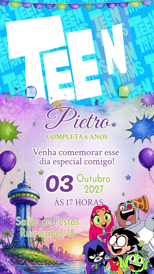Convite Animado Aniversário Jovens Titãs Roxo Para Editar Online