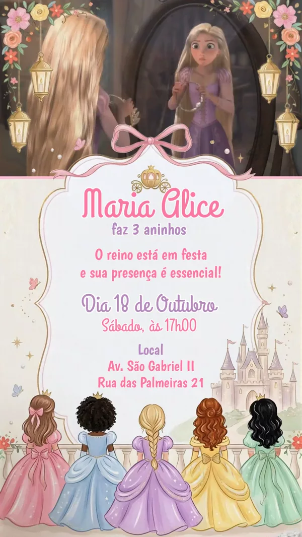 Convite Animado Aniversário Princesas Disney Para Editar Online