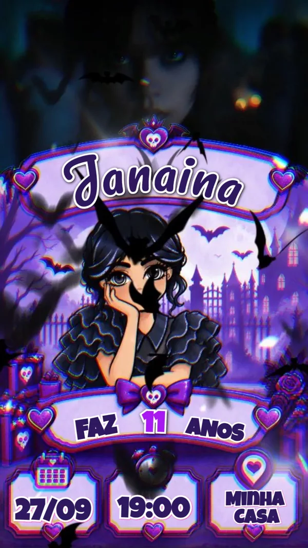 Convite Animado Aniversário Wandinha Roxo Para Editar Online