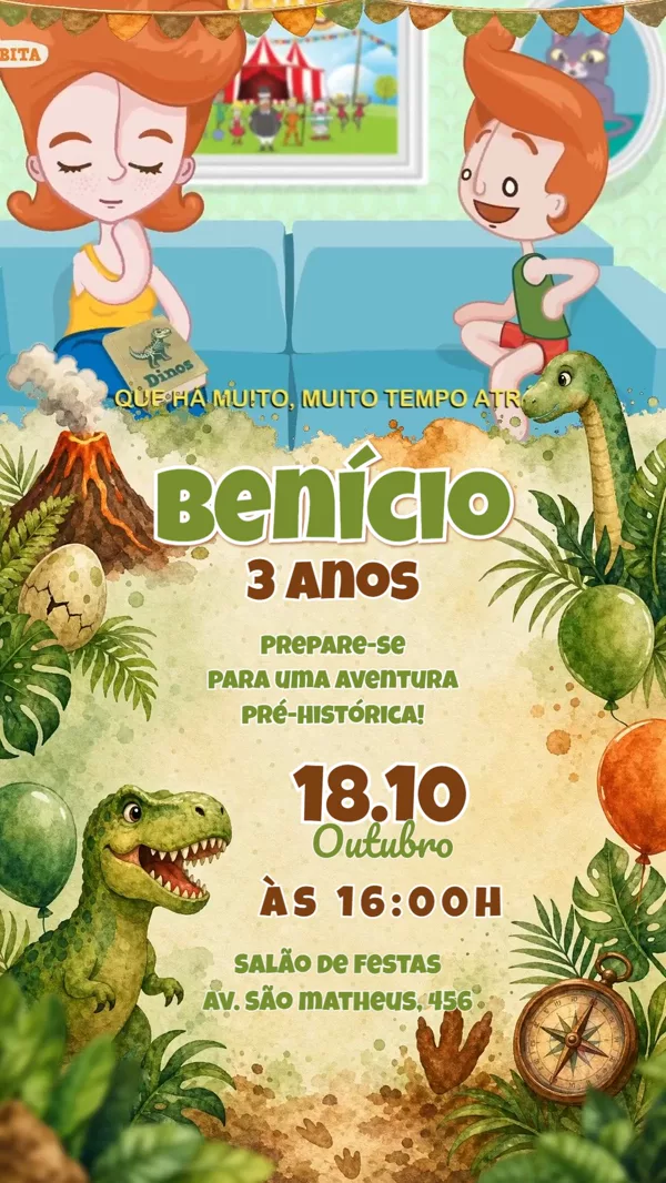 Convite Animado Aniversário Dinossauro Para Editar Online