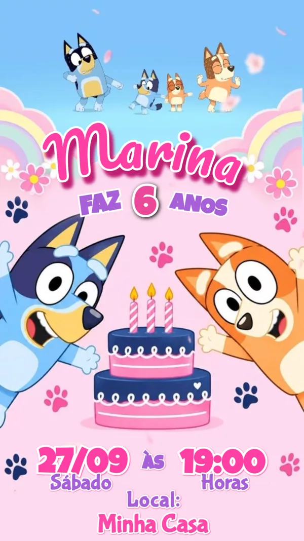 Convite Animado Aniversário Bluey Rosa Para Editar Online