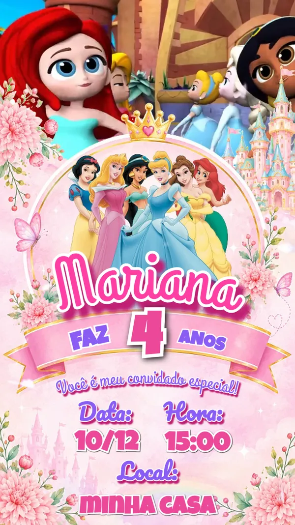 Convite Animado Aniversário Princesas Castelo Para Editar Online