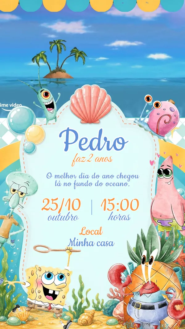 Convite Animado Aniversário Bob Esponja Aquarela Para Editar Online