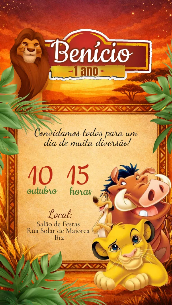 Convite Aniversário Rei Leão Savana Para Editar Online