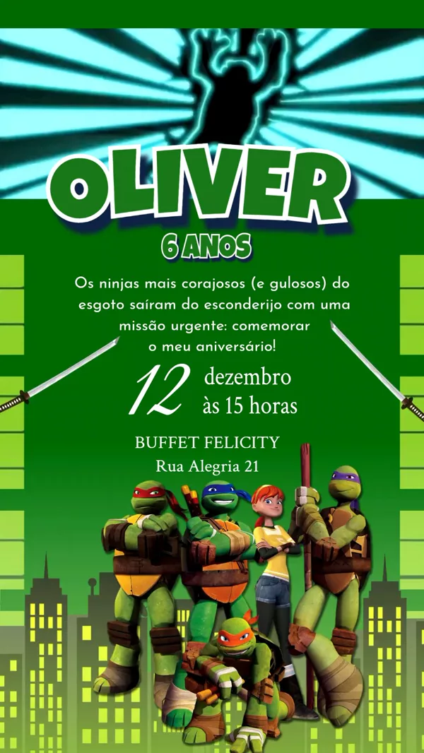 Convite Animado Aniversário Tartarugas Ninja Para Editar Online