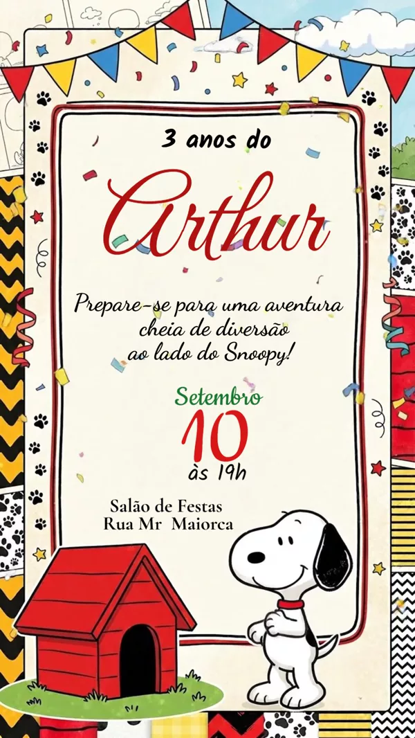 Convite Animado Aniversário Snoopy Vermelha Para Editar Online