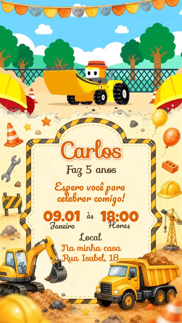 Convite Animado Aniversário Construção Caminhões Para Editar Online