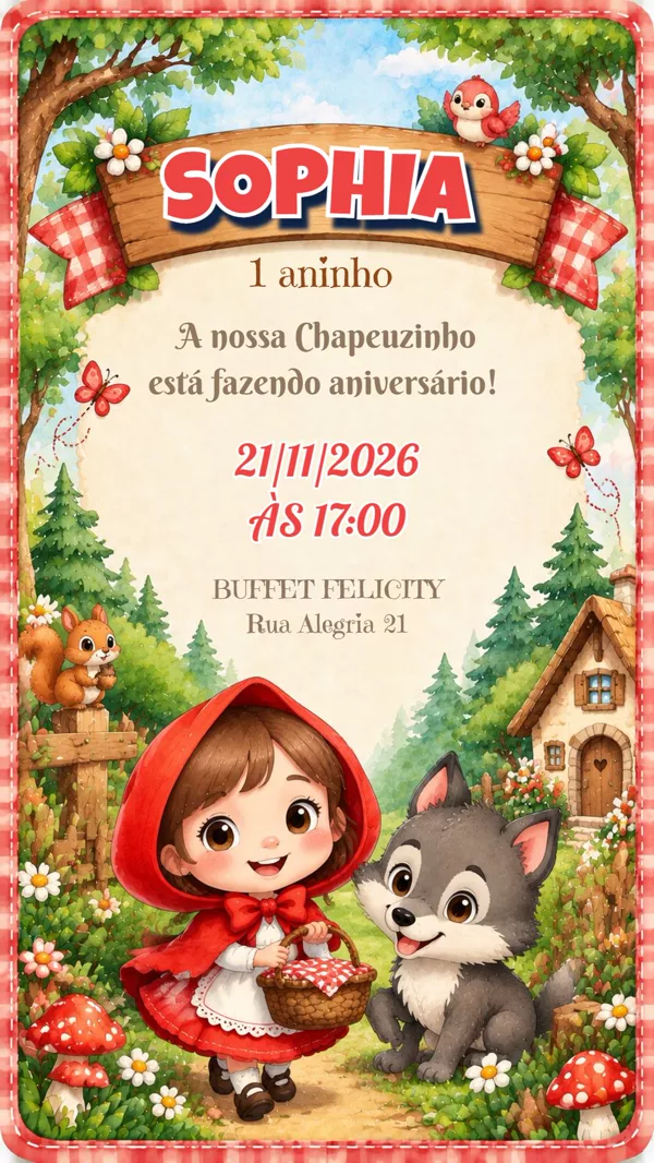Convite Aniversário Chapeuzinho Vermelho Floresta Para Editar Online