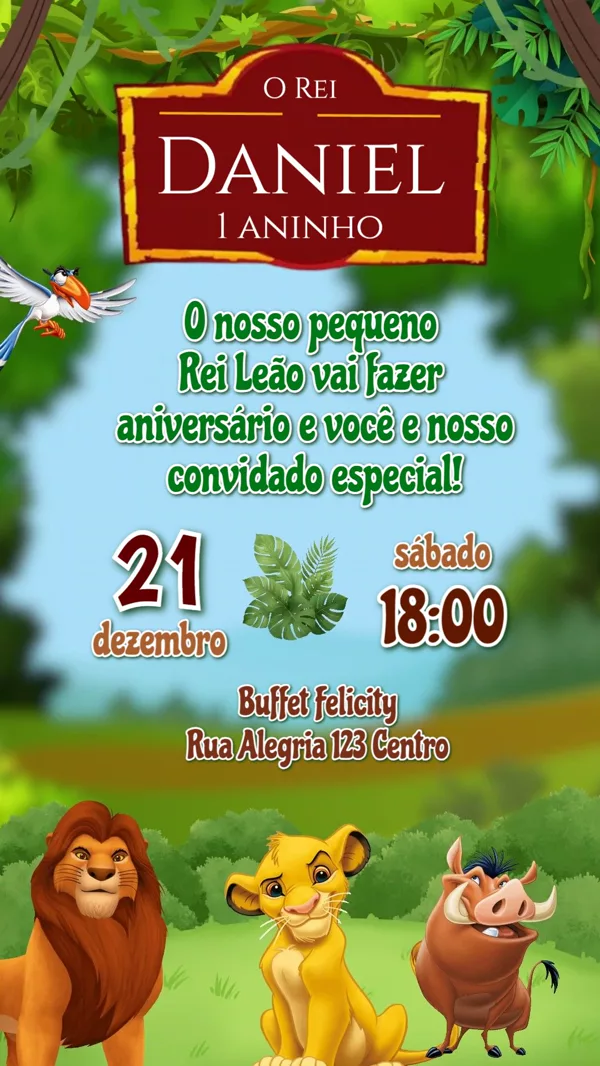 Convite Animado Aniversário Rei Leão Safari Para Editar Online