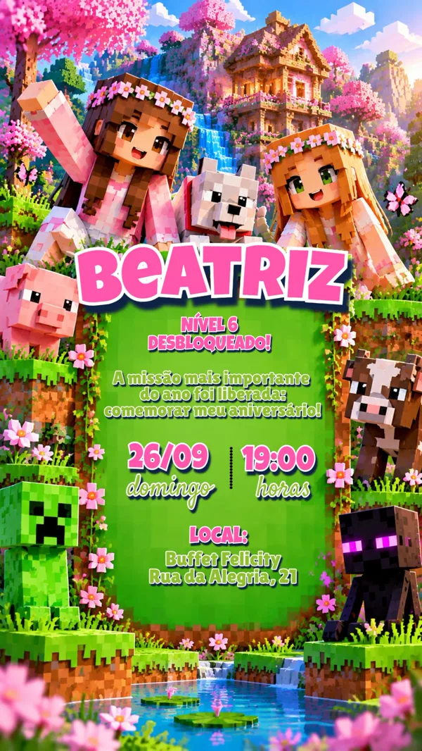 Convite Aniversário Minecraft Menina Para Editar Online