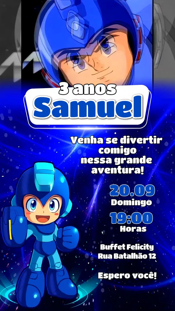 Convite Animado Aniversário Megaman Azul Espacial Para Editar Online
