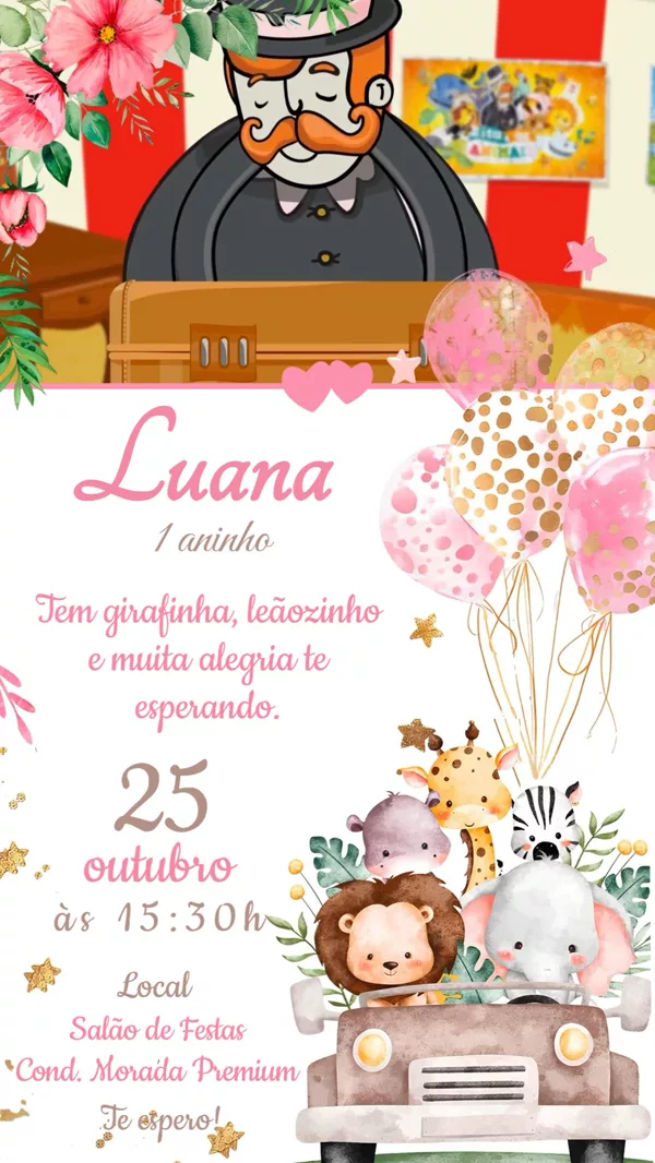 Convite Animado Aniversário Safari Rosa Para Editar Online