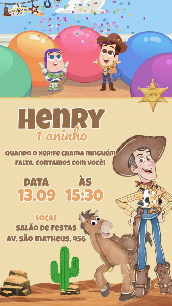 Convite Animado Aniversário Woody Toy Story Para Editar Online