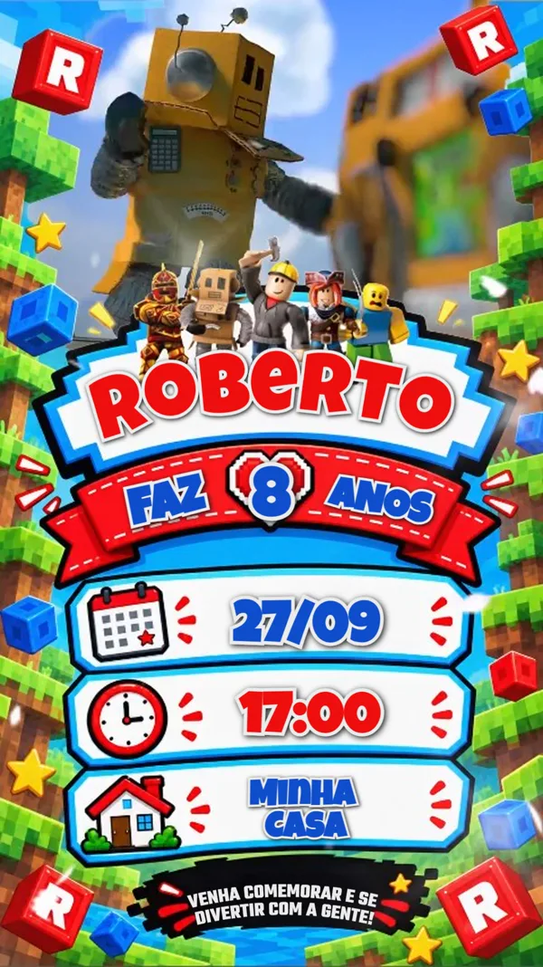Convite Animado Aniversário Roblox Menino Para Editar Online