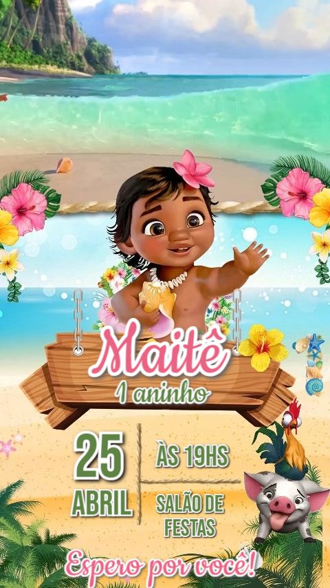 Convite Animado Aniversário Moana Baby Praia Para Editar Online