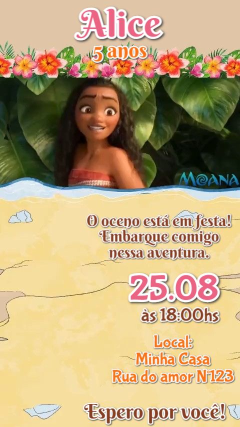 Convite Animado Aniversário Moana Praiana Para Editar Online